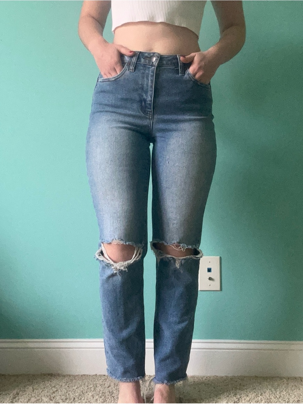 RSQ High-Rise Distressed Straight-Leg Jeans - Light Blue